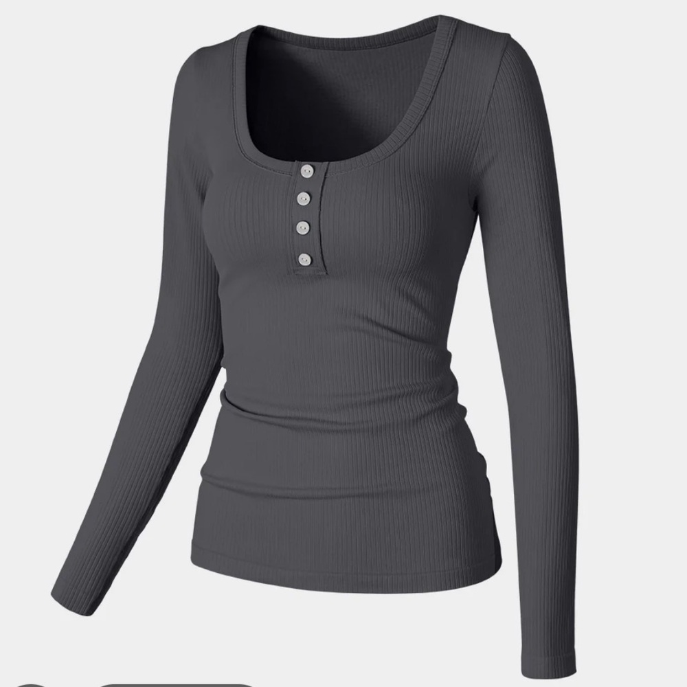 OQQ dark grey ribbed spandex button down long sleeve top
